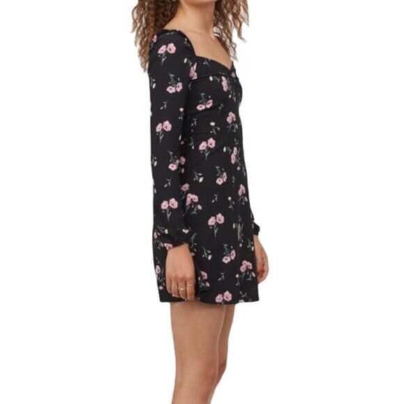 H&M Black Floral Long Sleeve Mini Dress With Square Neckline & Pink Rose Print - Picture 3 of 8